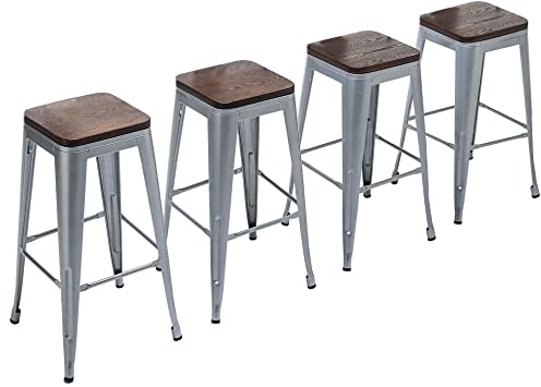 Yongchuang Metal Bar Stools Set of 4 Backless Bar Height Stools Stackable Barstools with Wooden Seat 30" Silver