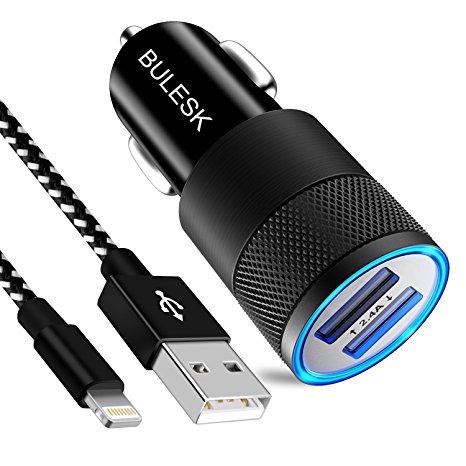 Bulesk iPhone Car Charger, 24W/4.8A Rapid Dual Port USB Car Charger Adapter With 3FT iPhone Lightning Cable Charging Cord for Apple iPhone 7 Plus 6S 6 SE 5S 5, iPad, iPod (BlackWhite)
