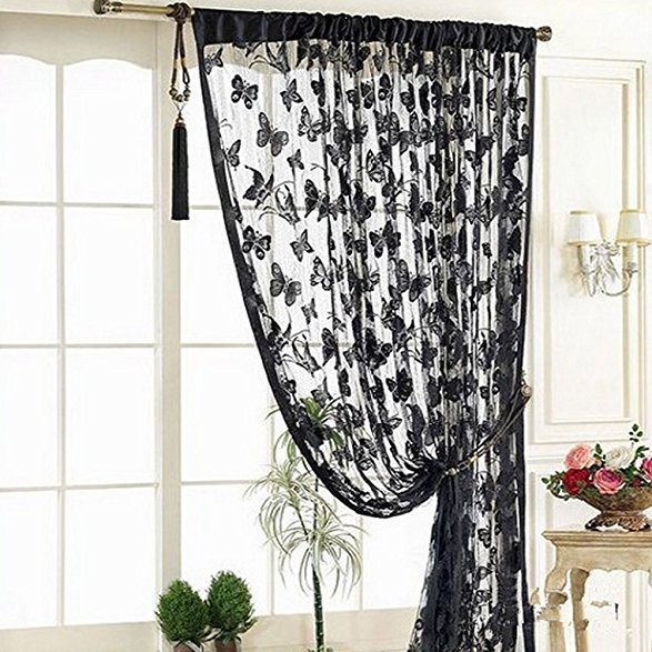 YING LAN String Butterfly Door Window Curtain Drapes Divider Room Blind Shades Tassel Treatment Black