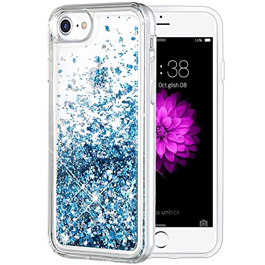iPhone 7/8 Case, Caka iPhone 7/8 Glitter Case [With Tempered Glass Screen Protector] Bling Flowing Floating Luxury Glitter Sparkle TPU Bumper Liquid Case for iPhone 7/8 (4.7 inch) - (Blue)