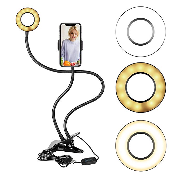 Dimmable Selfie Ring Light with Cell Phone Holder Stand for Live Stream[3-Light Mode][9-Level Brightness], Gooseneck LED Fill In Light Phone Holder for Youtube, Facebook, iPhone X/8/7,6/plus,Samsung