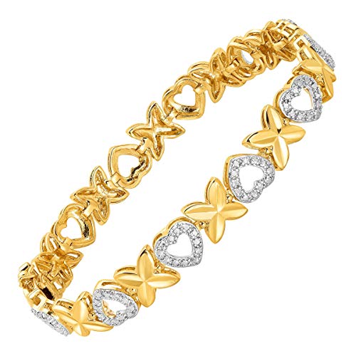 'Xo' Link Bracelet with Diamond in 18K Gold Flashed & Sterling Silver-Plated Brass