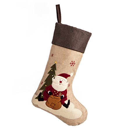 IPEGTOP 18" Burlap Christmas Stocking, Craft Socks Traditional Santa Stockings Snowflake Decorations Xmas Tree Rustic Ornaments Brown Cuff