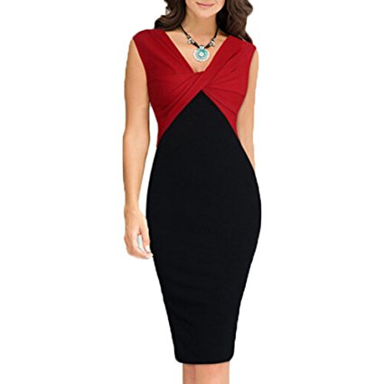 WOOSEA Women's Sleeveless V Neck Colorblock Bodycon Office Work Party Pencil Dresses