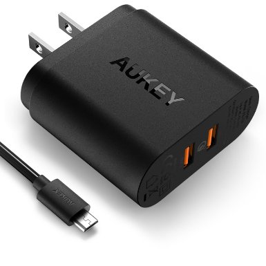 Quick Charge 3.0 AUKEY 2-Port USB Wall Charger with Micro-USB Cable for Samsung Galaxy S7/S6/Edge, LG G5, iPhone, iPad, Nexus 6P & More