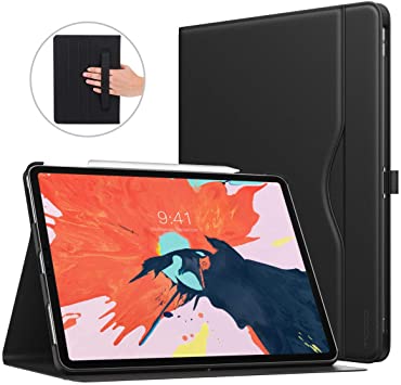 MoKo Case Fit iPad Pro 12.9" 2018 [Support Apple Pencil Charging] Premium PU Leather Business Folding Stand Folio Cover with Auto Wake/Sleep, Hand Strap, Multiple Viewing Angles - Black