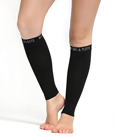 Buttons & Pleats Calf Compression Sleeve for Women & Men - Footless Leg Sleeves Socks - Boosts Circulation - Reduces Fatigue - Eases Shin Splints for Athletes, Runners & Everyday Wear 1 Pair