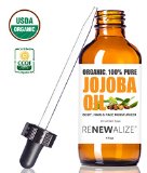 Organic Jojoba Oil  Cold Pressed Unrefined by Renewalize in HUGE 4 OZ DARK GLASS BOTTLE with Glass Eye Dropper  Highest Quality 100 Pure  All Natural Moisturizer for Luxurious Hair Skin and Nails  Helps to Enhance Hairs Natural Silkiness and Shine  Reduces Acne and Oily Skin  Softens Dry Skin  An Excellent Carrier Oil for Mixture with Essential Oils  Guaranteed Improvement