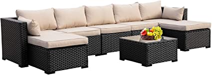 Outdoor PE Rattan Furniture Set 6 Piece Patio Wicker Sectional Sofa Chair with Khaki Cushion