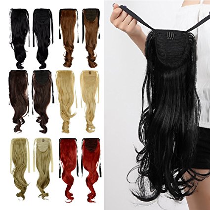 Binding Tie up Synthetic Ribbon Ponytail Extensions Heat Resistant One Piece Drawstring Pony Tail Long Wavy Curly Soft Silky for Women Lady Girls 18''/18 inch (dark black)