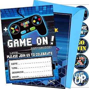 24 Pcs Video Game Invitations Fill-in Game Invitations with Envelopes Gaming Party Cards Decorations Double-sided Printed Video Game Party Invitations for Boys Kids Game Birthday (Classic Style)