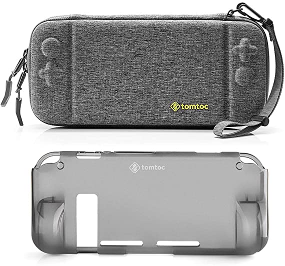 [Combo Set] tomtoc Original Hard Shell Case with Grip Back Cover for Nintendo Switch Console, Travel Carrying Protection Case with 10 Game Card Slots, Gray