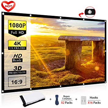 Ylife 100 Inch Projector Screen, 16:9 HD 4K No Crease Portable Video Movie Screen Grommets for Outdoor Indoor Home Theater