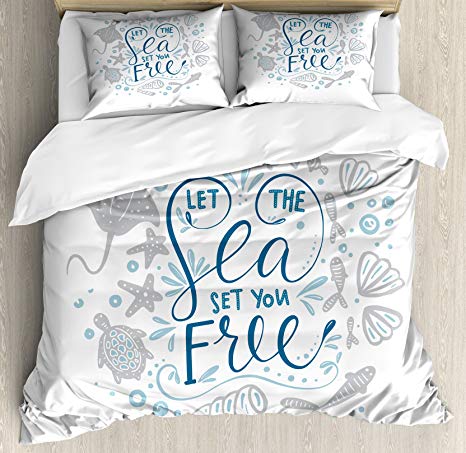 Ambesonne Nautical Queen Size Duvet Cover Set, Let The Sea Set You Free Quote with Shellfish Turtle and Stingray, Decorative 3 Piece Bedding Set with 2 Pillow Shams, Pearl Navy Blue Pale Blue