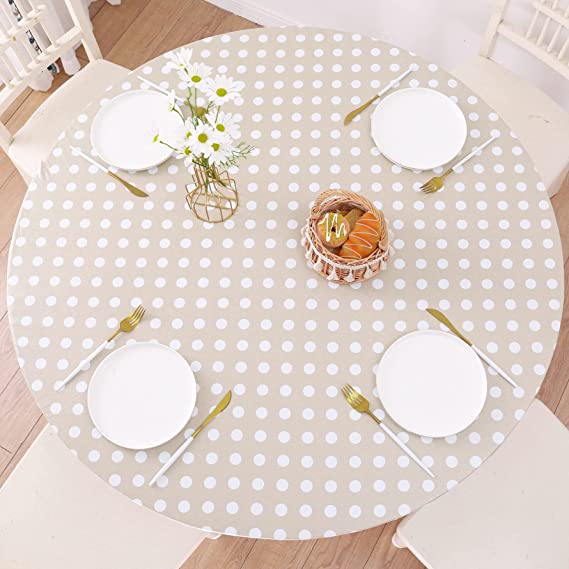 Round Vinyl Fitted Tablecloth with Flannel Backing Elastic Edge Design Table Cover Waterproof Oil-Proof PVC Table Cloth Stain-Resistant Wipeable for Round Table (Circles)