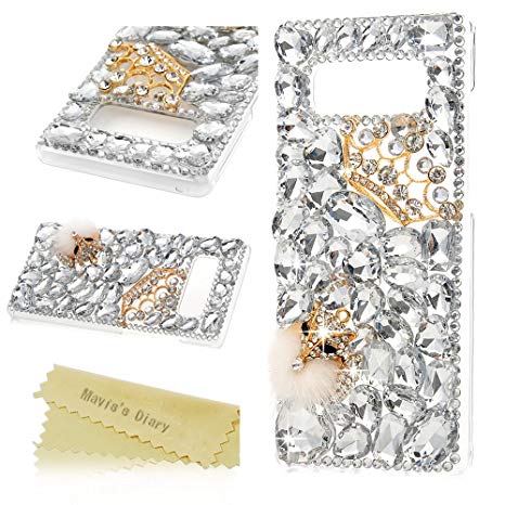 Note 8 Case,Mavis's Diary Luxury 3D Handmade Bling Crystal Rhinestone Full Diamonds White Gems Crown and Fox with Fluff Hard PC Plastic Clear Protective Cover for Samsung Galaxy Note 8