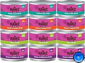 Rawz Natural Premium Canned Cat Wet Food Shredded -12 Pack Chicken Variety Bundle - 4 Flavors - (Chicken & Duck, Chicken & Liver, Chicken & Pumpkin, Chicken) with Hotspot Pets Food Bowl - (3oz Cans)