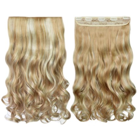 REECHO® 20" 1-Pack 3/4 Full Head Curly Wave Blonde Mixed Hair Color Clips in on Synthetic Hair Extensions Hairpieces for Women 5 Clips 4.6 Oz per Piece - 25H613