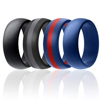 ROQ Silicone Wedding Ring for Men, 7 Pack, 4 Pack & Singles, Silicone Rubber Bands - Classic Style Solid & Striped, Metallic Look & Matte Colors