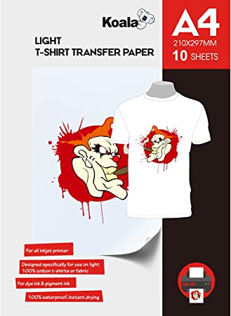 KOALA Inkjet Iron On T Shirt Transfer Paper for Light Fabrics x 10 Sheets, A4
