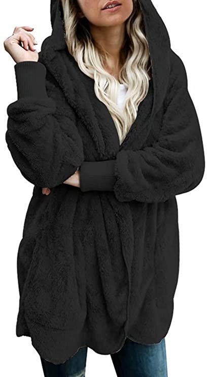 Dokotoo Womens Long Sleeve Solid Fuzzy Fleece Open Front Hooded Cardigans Jacket Coats Outwear with Pocket