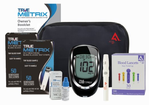 Active1st TrueMetrix Complete Diabetic Blood Glucose Testing Kit, 100 Test Strips, 100 Lancets, Adjustable Lancing Device, Control Solution, Owners Log Book & Manual