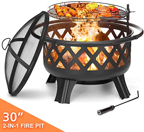 KINGSO 2-in-1 Outdoor Fire Pit with Cooking Grate 30" Heavy Duty Fire Pits Outdoor Wood Burning Steel BBQ Grill Firepit Bowl with Spark Screen Cover Log Grate Fire Poker for Backyard Bonfire Patio