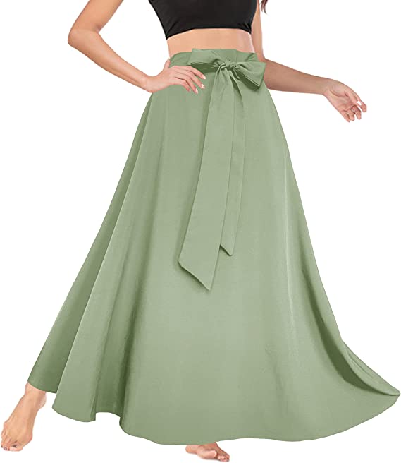 Afibi Women's High Waist Skirt Tie Front A-Line Flowy Long Maxi Skirts with Pockets