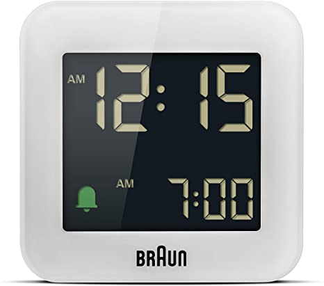 Braun Digital Travel Alarm Clock with Snooze, Compact Size, Negative LCD Display, Quick Set,Crescendo Beep Alarm in White, Model BC08W.