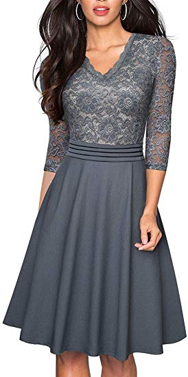 HOMEYEE Women's Chic V-Neck Lace Patchwork Flare Party Dress A062