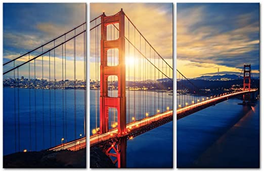 My Easy Art- San Francisco Wall Art Decor Famous Golden Gate Bridge at Sunrise Canvas Pictures Artwork 3 Panel Modern Landscape Painting Prints for Home Living Dining Room Kitchen