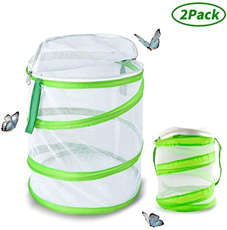 YBB 2 Pack 2 Sizes Insect and Butterfly Habitat Cage Terrarium Pop Up, Collapsible Mesh Cages with Side and Top Windows - 5.5" x 6" and 12" x 14" Tall