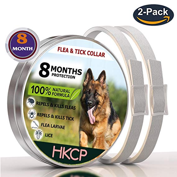 HKCP Products Flea and Tick Prevention Collar for Dogs - Flea collar Long Lasting 8 Month Protection- Flea tick collar Natural and Waterproof - Safe & Hypoallergenic - One Size Fits All - 2 Packs