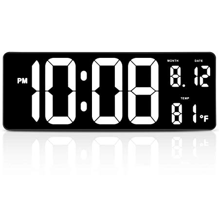 DreamSky 14.5" Extra Large LED Digital Clock with Date and Indoor Temperature Display. Oversize Desk Office Wall Cock with Fold Out Stand, Large Number Display. Auto DST Time Change (White)