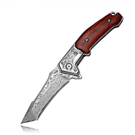 KUBEY Folding Pocket Knife Damascus Steel Blade and Wood Handle with Lanyard, for Hunting Camping and Outdoor - DM147