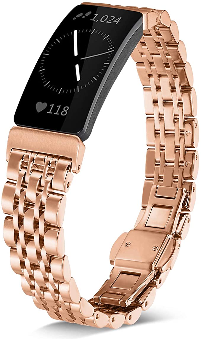 Shangpule Compatible for Fitbit Inspire HR / Inspire 2 / Inspire Bands , Stainless Steel Metal Replacement Wrist Band for Fitbit Inspire Women Man Large Small (Rose Gold)