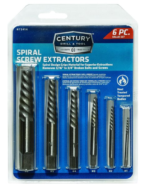 Century Drill and Tool 73414 Spiral Flute Screw Extractor Set, 6 Piece