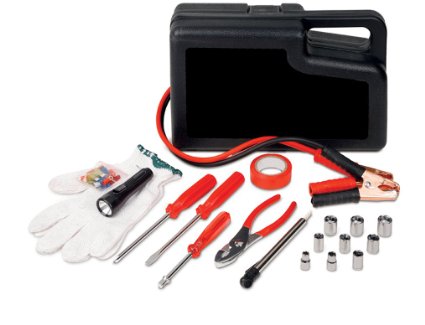 Roadside Emergency Kit With Hard Shell Carrying Case, Battery Jumper Cables, 9-Piece Auto Ratchet Tool Set, Tire Gauge, Flashlight and More - Ideas In Life