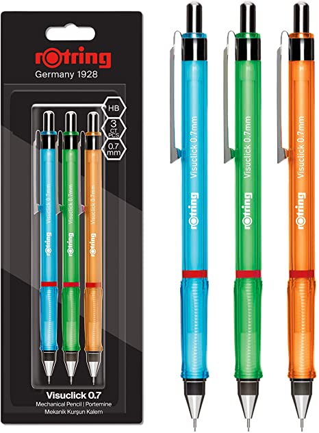 rOtring Visuclick Mechanical Pencil | 0.7 mm | 2B Lead | Lively Pink, Orange & Blue Barrels | 3 Count