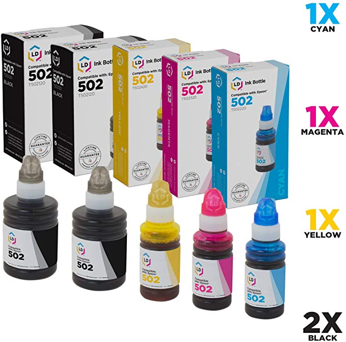 LD Compatible Ink Bottle Replacement for Epson 502 (2 Black, 1 Cyan, 1 Magenta, 1 Yellow, 5-Pack)