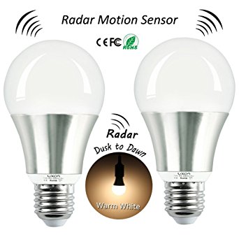 Motion Sensor Light Bulb 80W Equivalent (7W) Dusk to Dawn Radar Motion Activated sensor LED Bulb with Soft White 2700K E26 Auto On/Off Indoor/Outdoor Smart Motion Induction LED Night Lights, Pack of 2