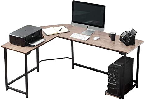 VECELO Modern L-Shaped Corner Computer Desk with CPU Stand/PC Laptop Study Writing Table Workstation for Home Office Wood & Metal, Rubber Wood Color Black Leg