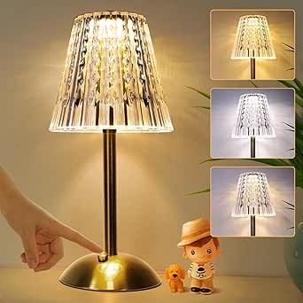 ZEEFO Portable LED Table Lamp, Stepless Dimmable Crystal Table Lamp with Touch Control, Romantic 3 Color Temperature Nightstand Lamp,Rechargeable Cordless Small Lamp for Bedroom Living Room Dining Bar