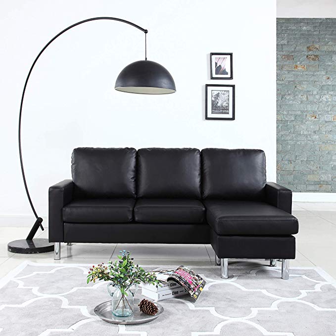 Modern Bonded Leather Sectional Sofa - Small Space Configurable Couch - Black