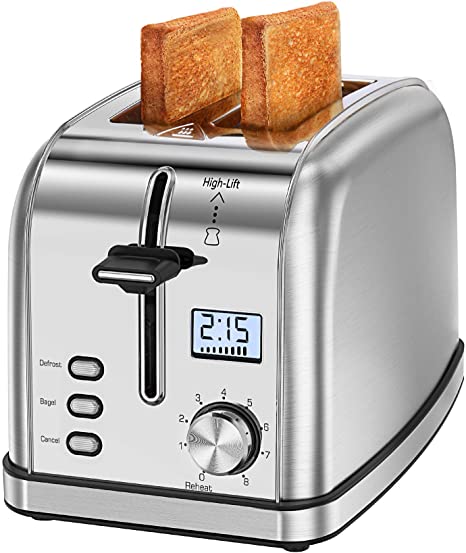 Homasy Toaster 2 Slices 8 Toast Settings, Slide-Out Crumb Tray, 2 Slice Extra Wide Slots for Bagels Waffles, Silver, CP187