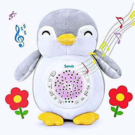 Spring Bud Baby White Noise Sound Machine & Shower Gifts | 12 Baby-Soothing Sounds and Sleep Aid Night Light | Portable Soother Stuffed Animals Penguin Toy with Adjustable Volume (Grey)