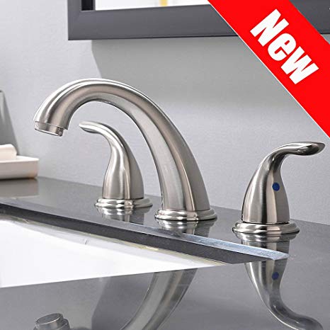 PHIESTINA Best Solid Brass Stainless Steel Lead Free 2 Handles Three Holes Deck Mount Brushed Nickel Widespread Bathroom Faucet,With Stainless Steel Pop Up Drain