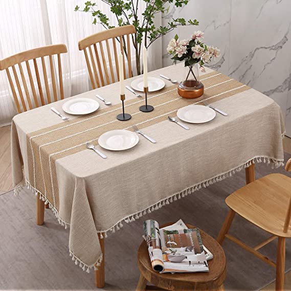 Oblong Tablecloth, 55 x 86Inch Light Coffee Table Cloth Rectangle, Hemstitch Table Cover Protector with Tassel for Kitchen Dinning Tabletop Decoration.