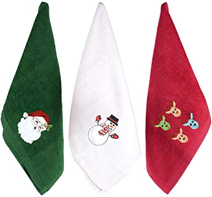 DRIVIM Christmas Hand Towels Washcloths, 12 x 18 inch 100% Pure Cotton Towels Bathroom Kitchen Wash Basin, Drying, Cleaning, for Home and Kitchen (Set of 3: Red, White, Green)