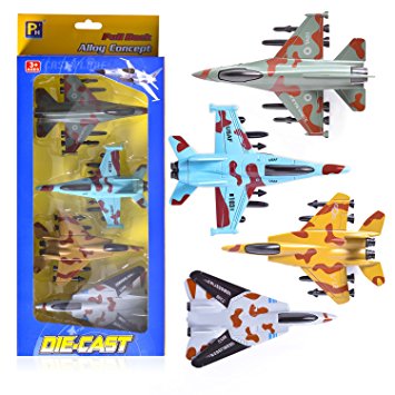 EXERCISE N PLAY Airplane Toys Set, Die Cast Metal Toy Airplanes Set of 4, Pull Back Model Airplanes Gift for Kid Over 3 Years, Friction Powered Design (Military Planes and Jets)